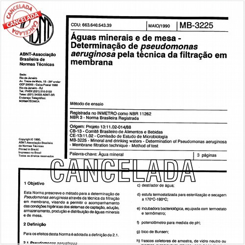 Aguas minerais e de mesa - Determinação de pseudomonas aeruginosa pela técnica da filtração em membrana