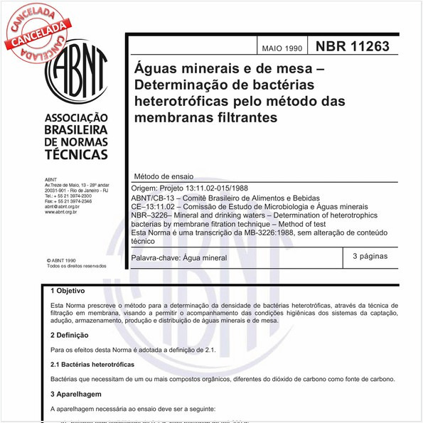 Aguas minerais e de mesa - Determinação de bactérias heterotróficas pelo método das membranas filtrantes