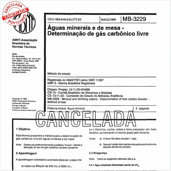 Aguas minerais e de mesa - Determinação de gás carbônico livre