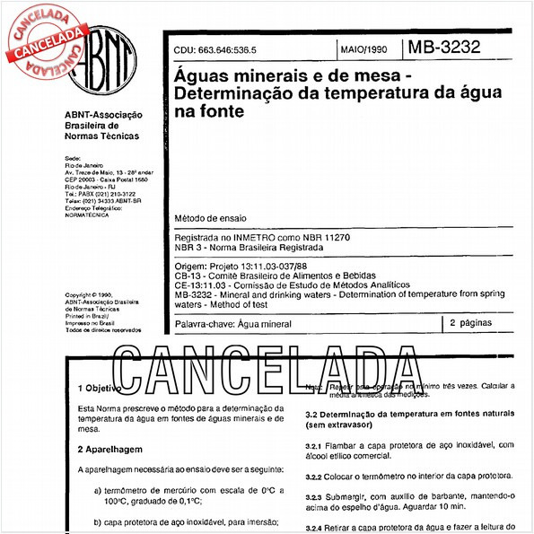 Aguas minerais e de mesa - Determinação da temperatura da água na fonte