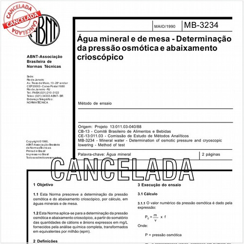 Agua mineral e de mesa - Determinação da pressão osmótica e abaixamento crioscópico