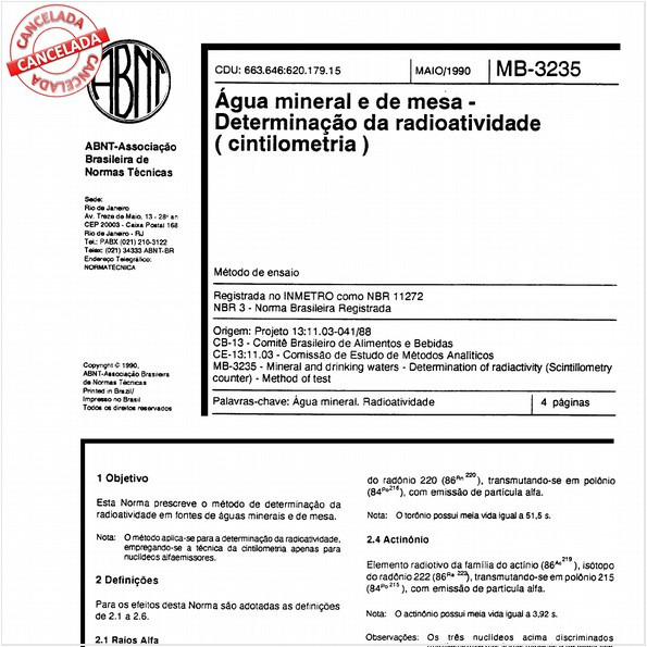 Agua mineral e de mesa - Determinação da radioatividade (cintilometria)