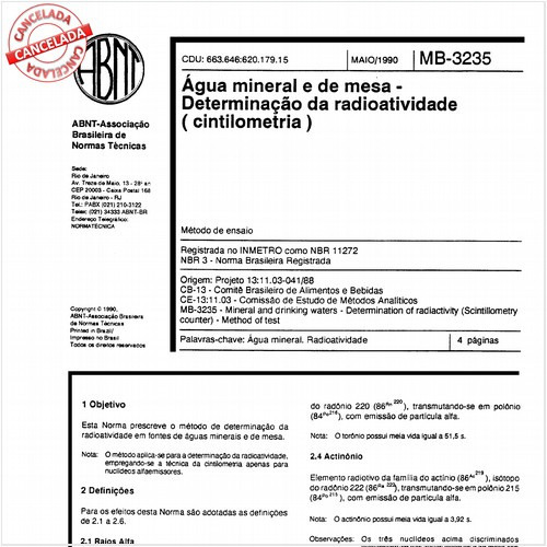 Agua mineral e de mesa - Determinação da radioatividade (cintilometria)