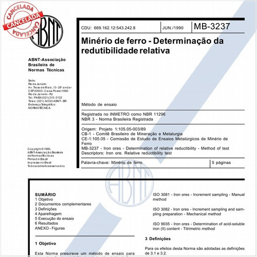 Minério de ferro - Determinação da redutibilidade relativa