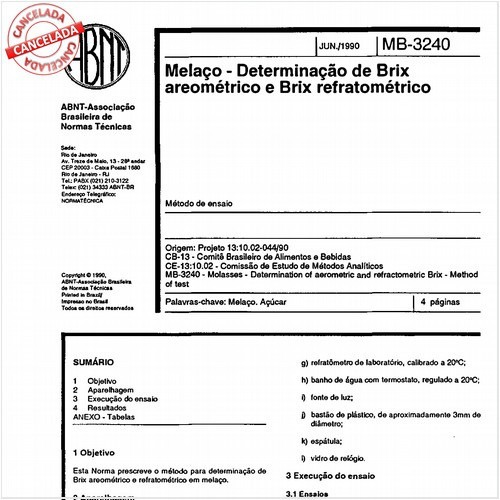 Melaço - Determinação do Brix areométrico e Brix refratométrico