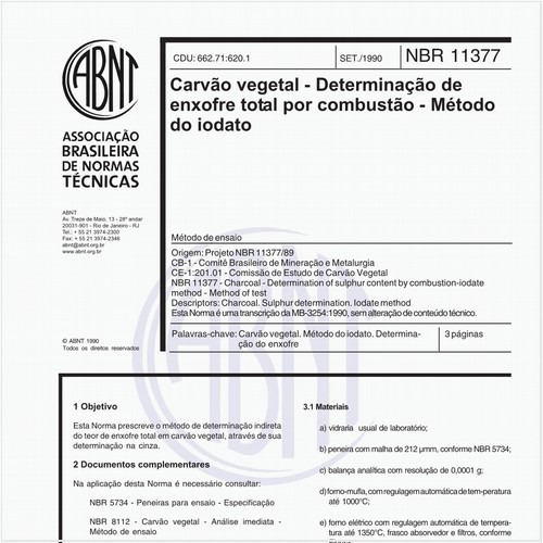 Carvão vegetal - Determinação de enxofre total por combustão - Método do iodato - Método de ensaio