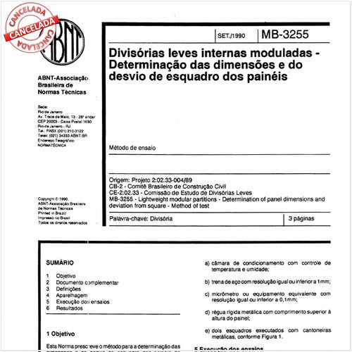 Divisórias leves internas moduladas - Determinação das dimensões e do desvio de esquadro dos painéis