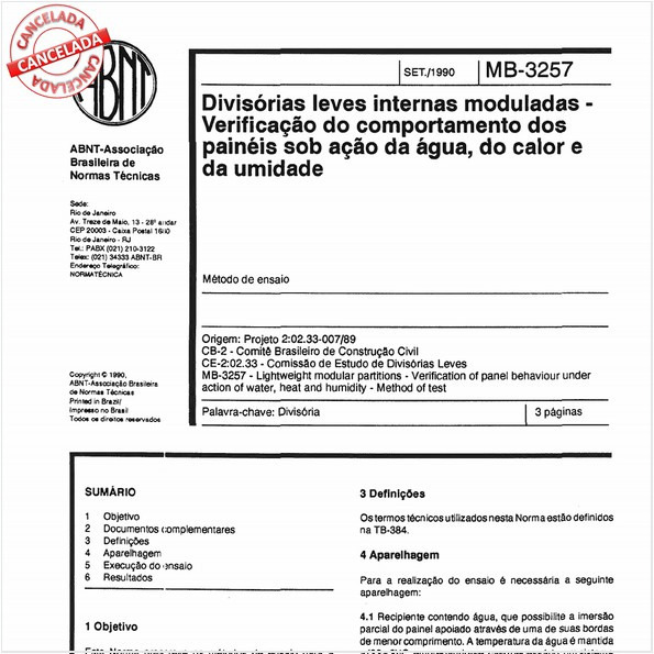 Divisórias leves internas moduladas - Verificação do comportamento dos painéis sob ação da água, do calor e da umidade