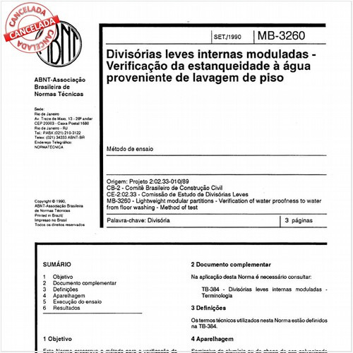 Divisórias leves internas moduladas - Verificação da estanqueidade à água proveniente de lavagem de piso