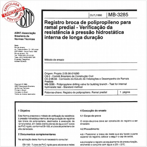 Registro broca de polipropileno para ramal predial - Verificação da resistência à pressão hidrostática interna de longa duração