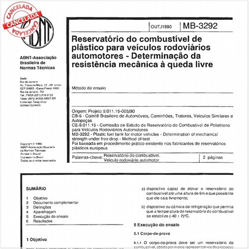 Reservatório do combustível de plástico para veículos rodoviários automotores - Determinação da resistência mecânica à queda livre