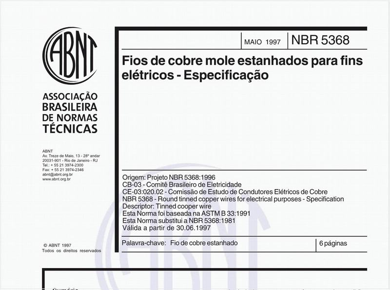 Fios de cobre mole estanhados para fins elétricos - Especificação