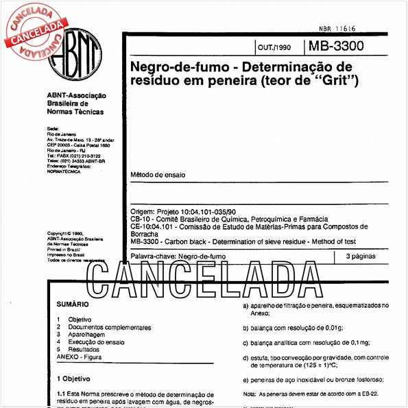 Negro-de-fumo - Determinação de resíduo em peneira (teor de "Grit")