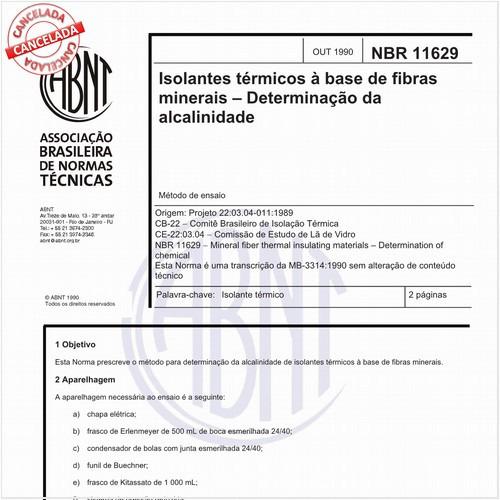Isolantes térmicos à base de fibras minerais - Determinação da alcalinidade - Método de ensaio