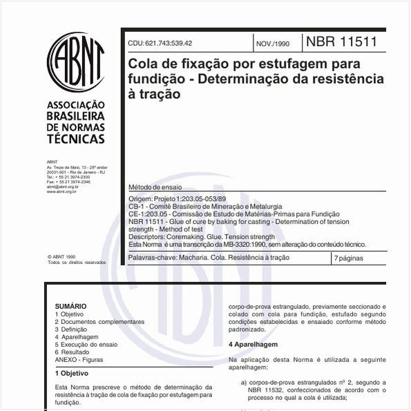 Cola de fixação por estufagem para fundição - Determinação da resistência à tração - Método de ensaio