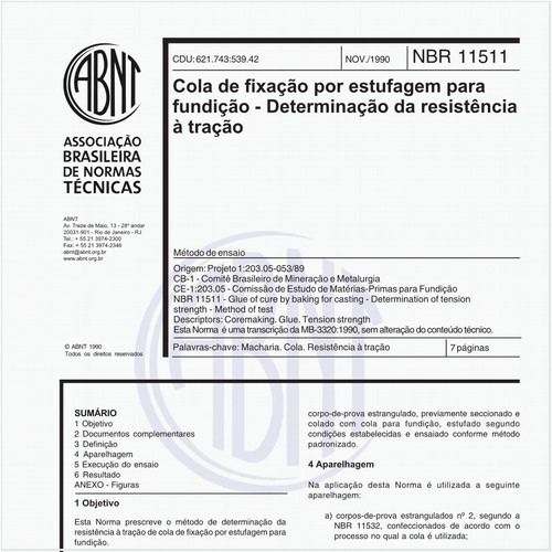 Cola de fixação por estufagem para fundição - Determinação da resistência à tração - Método de ensaio