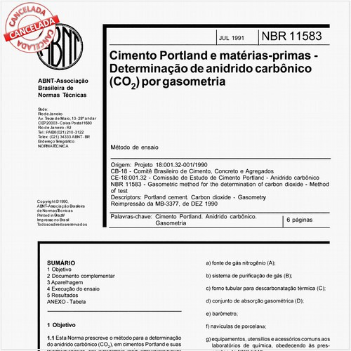 Cimento Portland e matérias-primas - Determinação de anidrido carbônico (CO2) por gasometria