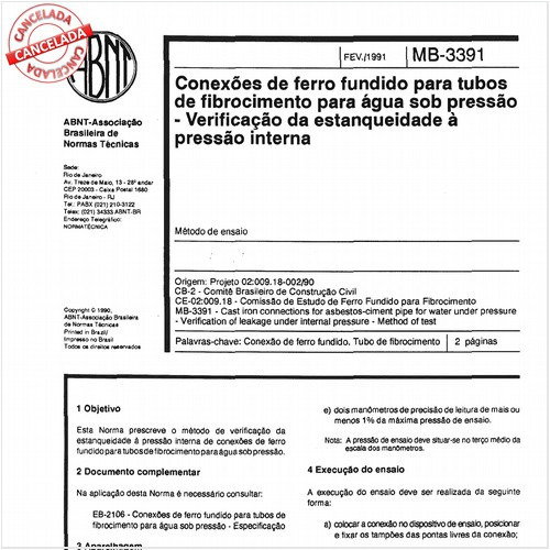 Conexões de ferro fundido para tubos de fibrocimento para água sob pressão - Verificação da estanqueidade à pressão interna
