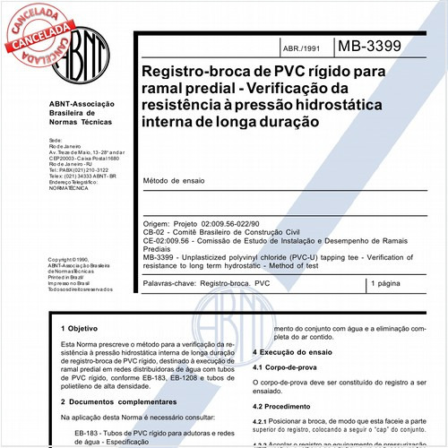 Registro-broca de PVC rígido para ramal predial - Verificação da resistência à pressão hidrostática interna de longa duração