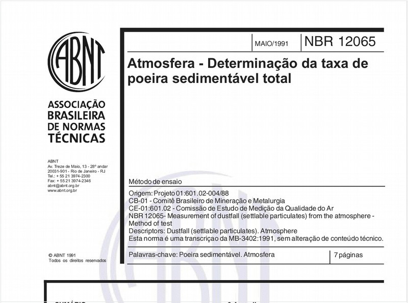 Atmosfera - Determinação da taxa de poeira sedimentável total - Metodo de ensaio