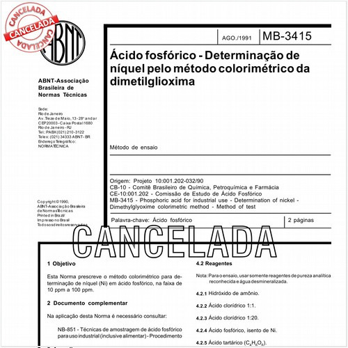 Acido fosfórico - Determinação de níquel pelo método colorimétrico da dimetilglioxima
