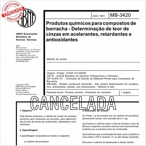 Produtos químicos para compostos de borracha - Determinação de teor de cinzas em acelerantes, retardantes e antioxidantes