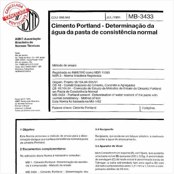 Cimento Portland - Determinação da água da pasta de consistência normal