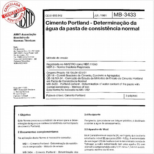 Cimento Portland - Determinação da água da pasta de consistência normal