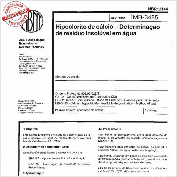 Hipoclorito de cálcio - Determinação de resíduo insolúvel em água