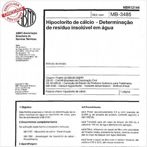 Hipoclorito de cálcio - Determinação de resíduo insolúvel em água