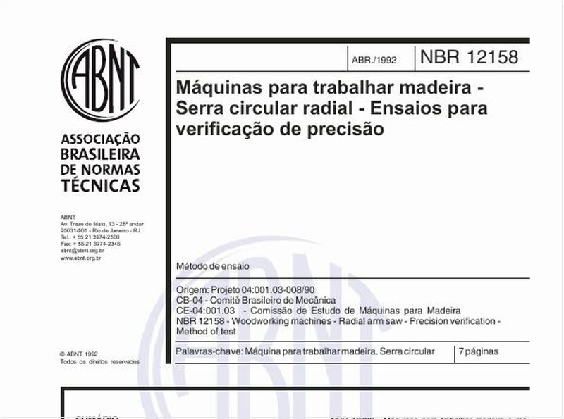 Máquinas para trabalhar madeira - Serra circular radial - Ensaios para verificação de precisão - Método de ensaio