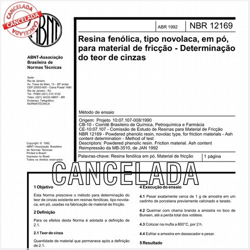 Resina fenólica, tipo novolaca, em pó, para material de fricção - Determinação do teor de cinzas
