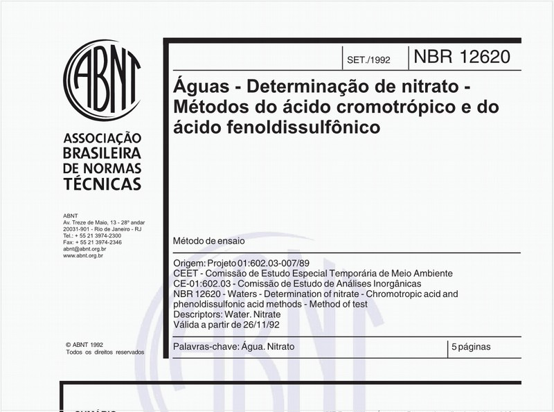 Águas - Determinação de nitrato - Métodos do ácido cromotrópico e do ácido fenoldissulfônico - Método de ensaio
