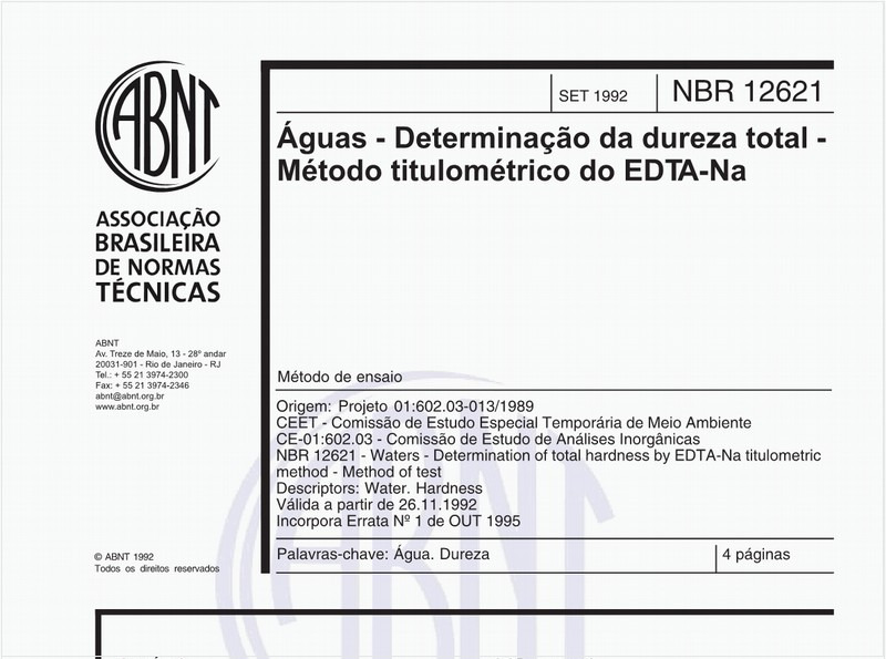 Águas - Determinação da dureza total - Método titulométrico do EDTA - Na- Método de ensaio