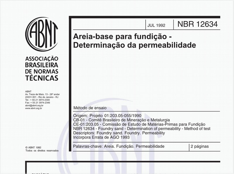Areia-base para fundição - Determinação da permeabilidade - Método de ensaio