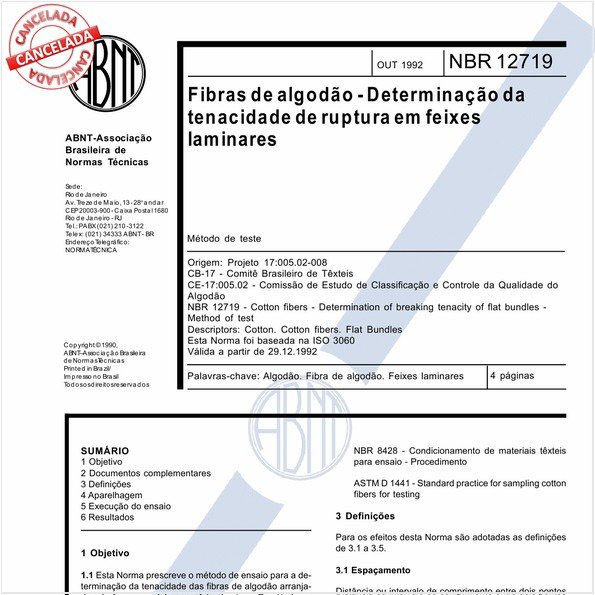 Fibras de algodão - Determinação da tenacidade de ruptura em feixes laminares