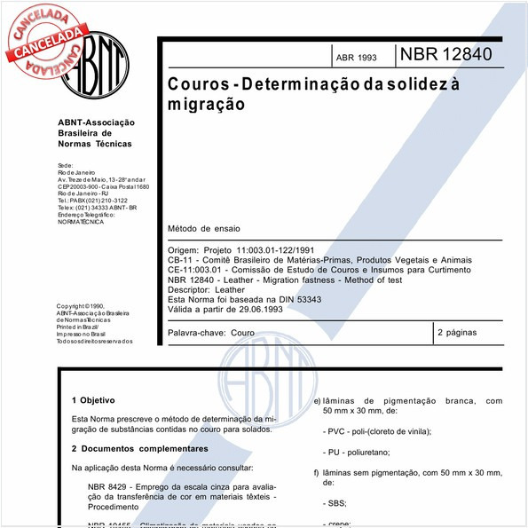 Couros - Determinação da solidez à migração