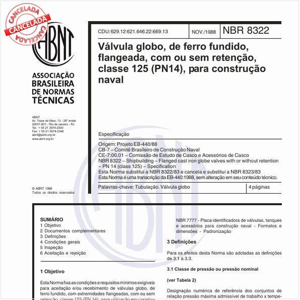 Válvula globo, de ferro fundido, flangeada, com ou sem retenção, classe 125 (PN 14), para construção naval