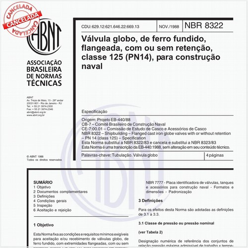 Válvula globo, de ferro fundido, flangeada, com ou sem retenção, classe 125 (PN 14), para construção naval
