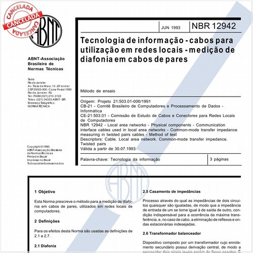 Tecnologia de informação - Cabos para utilização em redes locais - Medição de diafonia em cabos de pares