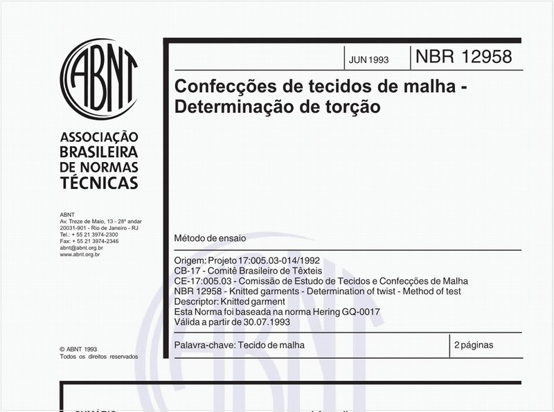Confecções de tecidos de malha - Determinação de torção - Método de ensaio