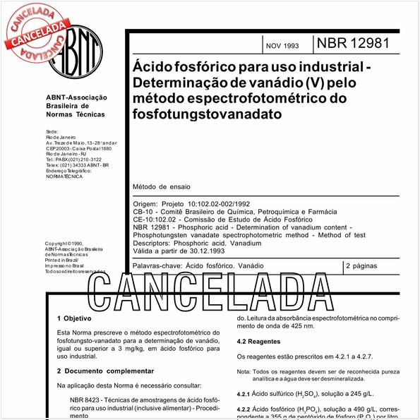 Acido fosfórico para uso industrial - Determinação de vanádio (V) pelo método espectrofotométrico do fosfotungstovanadato