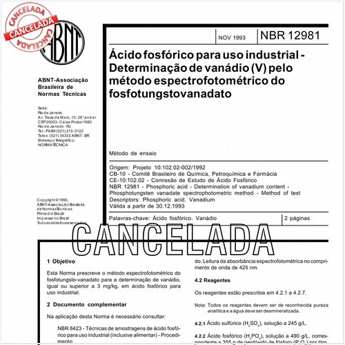Acido fosfórico para uso industrial - Determinação de vanádio (V) pelo método espectrofotométrico do fosfotungstovanadato