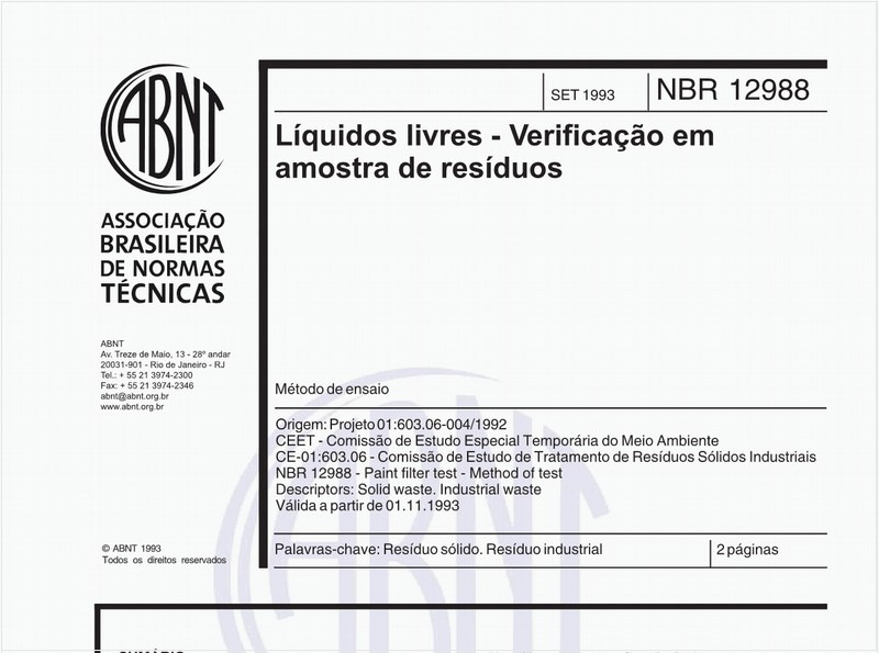 Líquidos livres - Verificação em amostra de resíduos - Método de ensaio