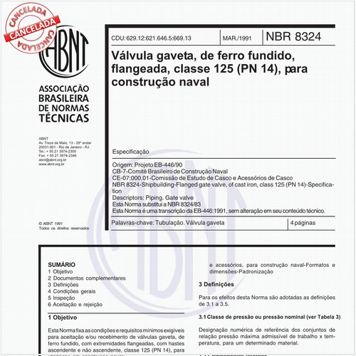 Válvula gaveta, de ferro fundido, flangeada, classe 125 (PN 14), para construção naval