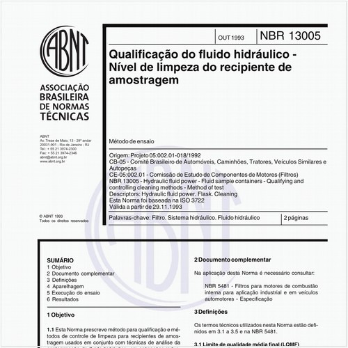 Qualificação de fluido hidráulico - Nível de limpeza do recipiente de amostragem - Método de ensaio