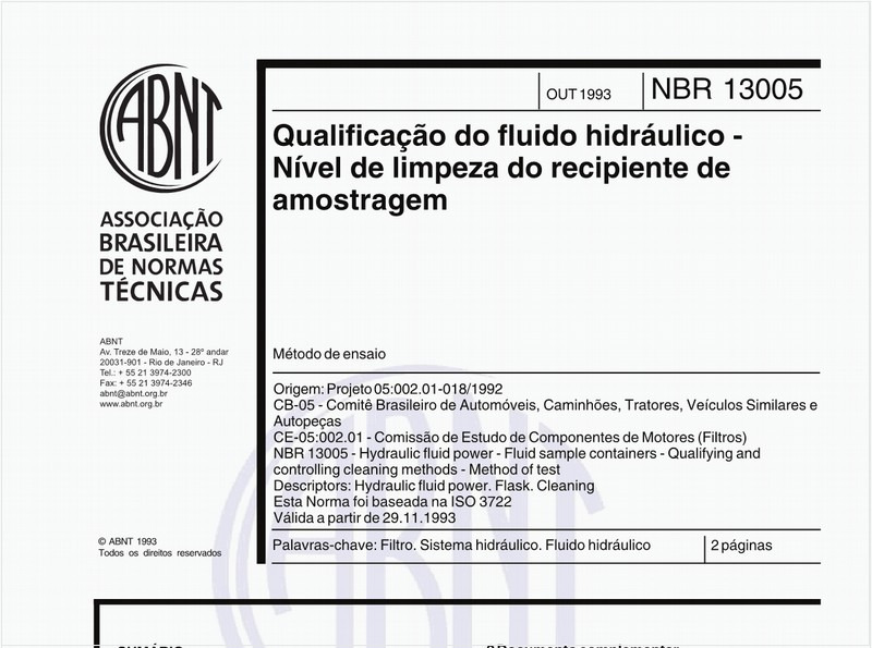 Qualificação de fluido hidráulico - Nível de limpeza do recipiente de amostragem - Método de ensaio