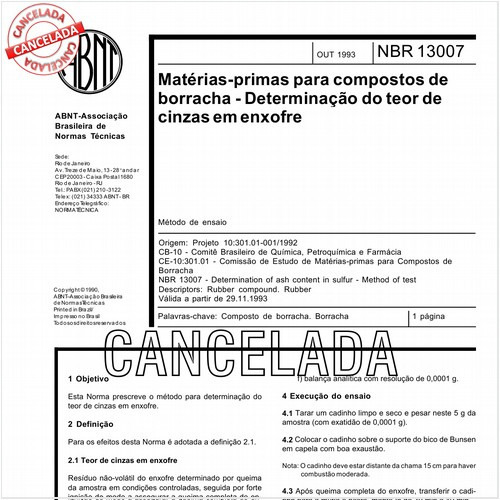 Matérias-primas para compostos de borracha - Determinação do teor de cinzas em enxofre