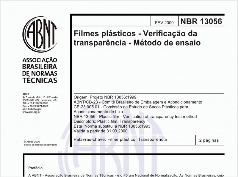 Filmes plásticos - Verificação da transparência - Método de ensaio