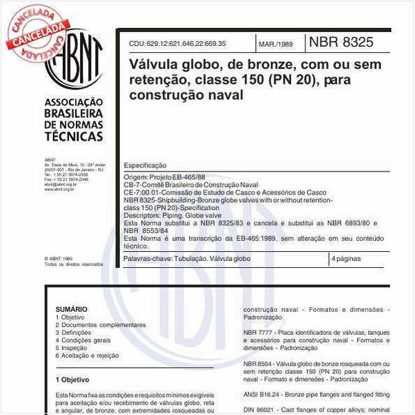 Válvula globo, de bronze, com ou sem retenção , classe 150 (PN 20), para construção naval